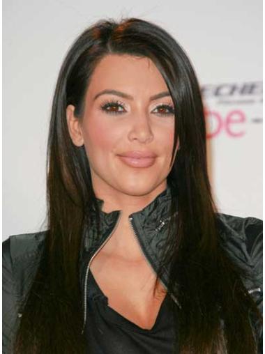 Lang Sort 22" Ægte Hår Glat Lace Front Kim Kardashian Paryk