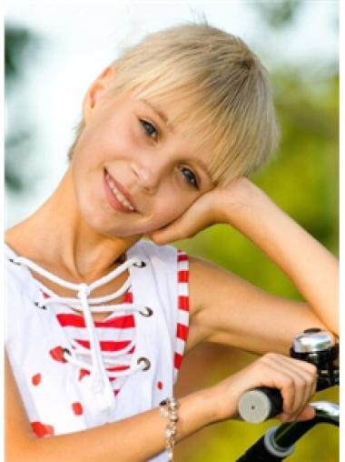 Ægte Hår Kort Glat 6" Blond 100% Hand-tied Parykker Til Barn
