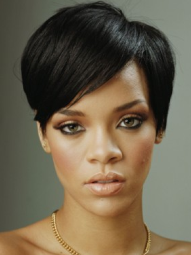 Fleksibilitet Ægte Hår Kort Glat Lace Front 8" Sort Rihanna Paryk