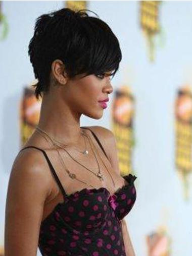 5" Sort Indiske Ægte Hår Kort Glat Capless Rihanna Paryk