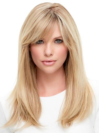 Blond 18" Glat Med Pandehår 100% Hand-tied Parykker af ægte hår