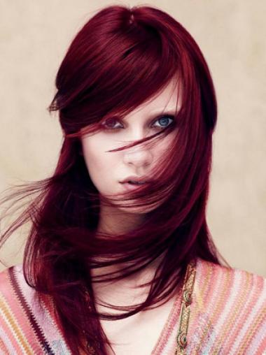 Rød 18" Glat Med Pandehår Lace Front Parykker af ægte hår